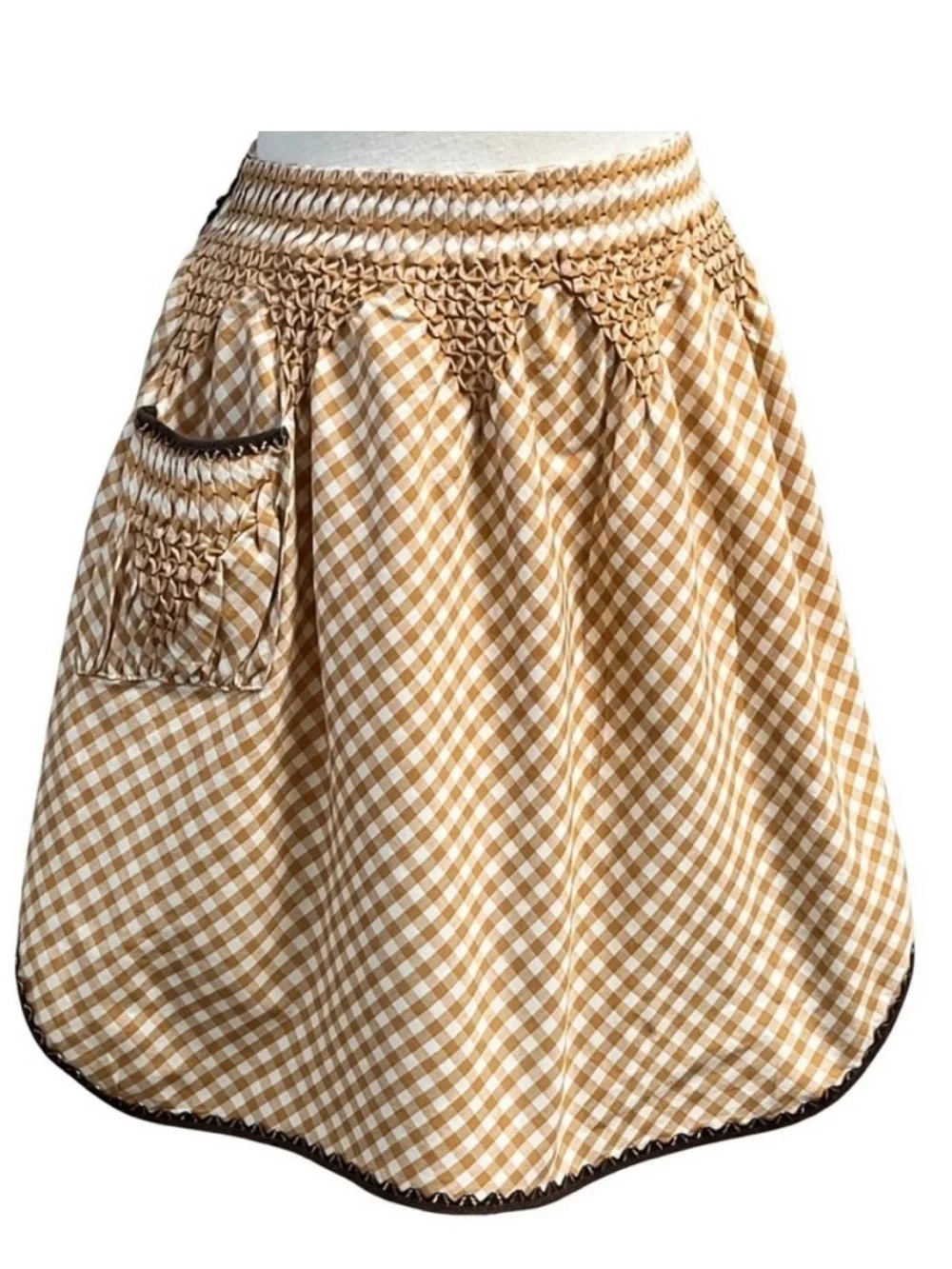 Vintage Gingham Tie-Waist Smocked Apron in Mustard and Brown trim